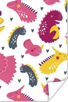 Poster kids - Dino - Patronen - Kind - Roze - Meisjes - Wanddecoratie meisjes - Decoratie voor kinderkamers - 60x90 cm - Slaapkamer decoratie