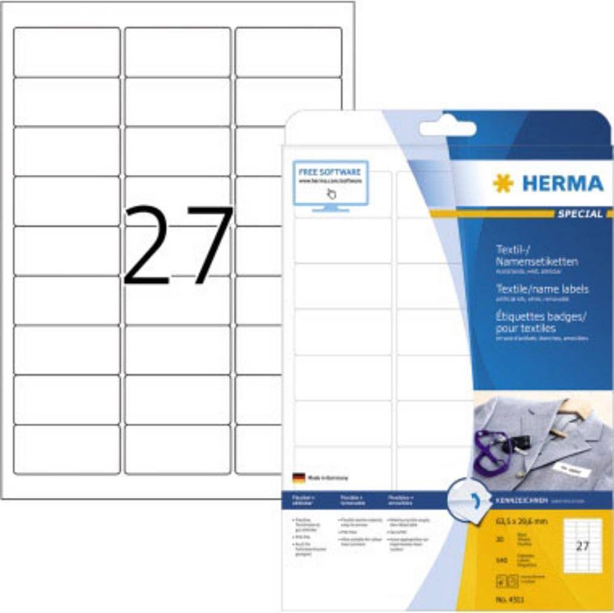 Herma 4511 Etiketten (A4) 63.5 x 29.6 mm Acetaatzijde Wit 540 stuk(s) Weer verwijderbaar Naametiketten - Herma