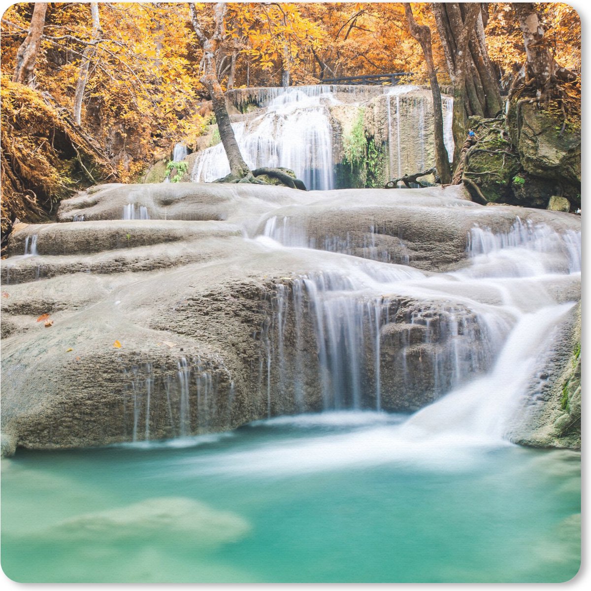 Muismat 20x20 cm - Mousepad Bos - Waterval - Water - Herfst - Muismatten