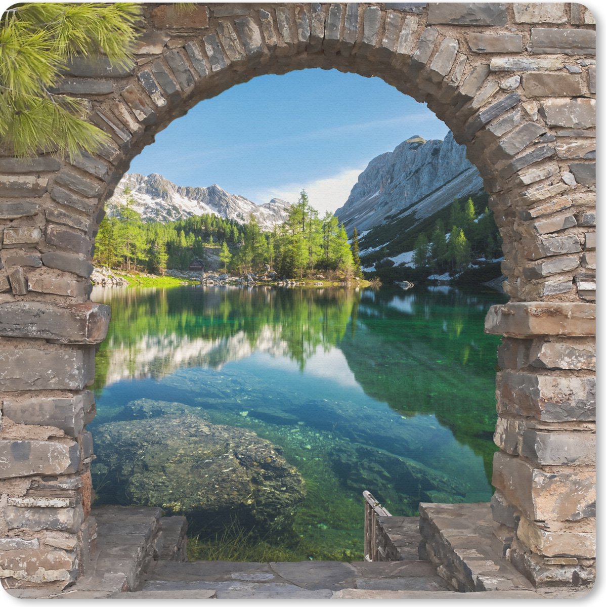 Muismat 20x20 cm - Mousepad Doorkijk - Berg - Landschap - Water - Muismatten