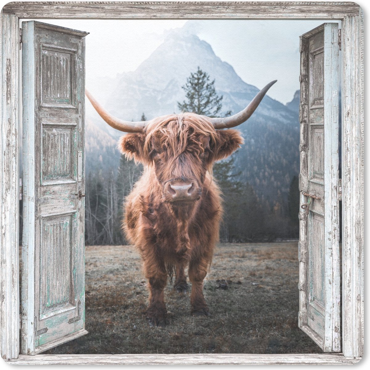 Muismat 30x30 cm - Mousepad Schotse hooglander - Koe - Landelijk - Doorkijk - Muismatten