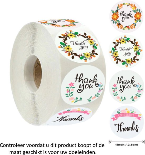 Rol met 500 kleurrijke Thank You stickers met bloemen patronen - 2.5 cm diameter - Bloemen - Flowers - Dankje - Bedankt - Celebration - Feestje - Bruiloft - Decoratie - Versiering - Verjaardag