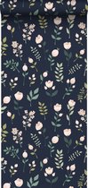 ESTAhome behang bloemen donkerblauw, roze en groen - 139341 - 0,53 x 10,05 m