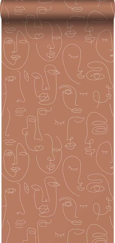 ESTAhome behang line art gezichten terracotta - 139375 - 0,53 x 10,05 m