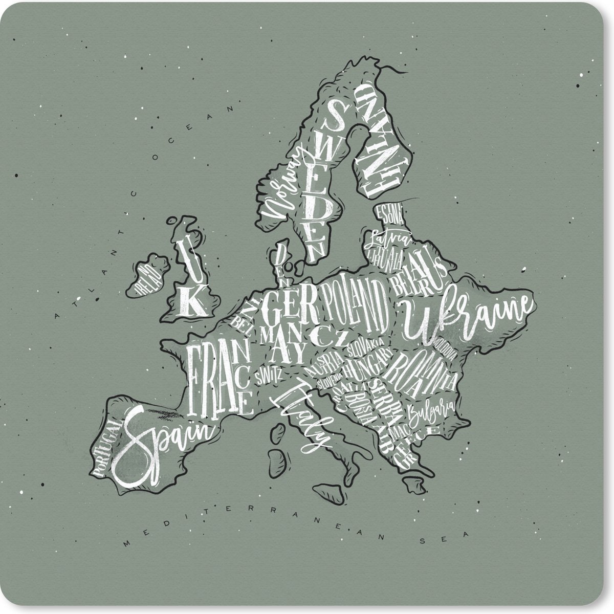Muismat 20x20 cm - Mousepad Kaart - Europa - Grijs - Letters - Muismatten