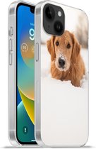 Geschikt voorApple Iphone 14 Plus - Soft case hoesje - Hond - Sneeuw - Winter - Siliconen Telefoonhoesje