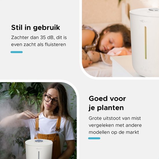 Linksboven een kind dat slaapt, rechts een witte Qumax luchtbevochtiger. Linksonder een vrouw die mist van een luchtbevochtiger voelt.