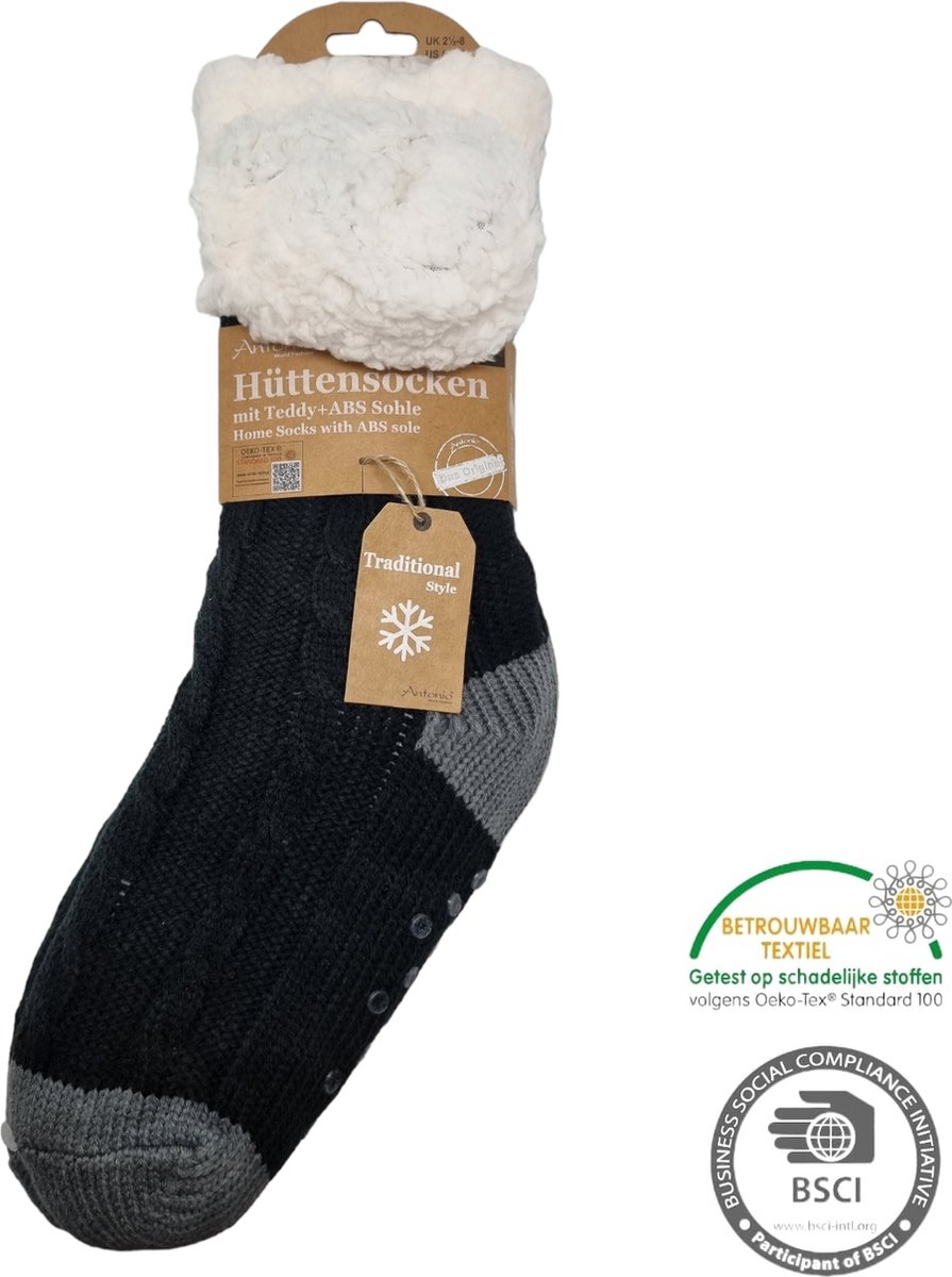 Antonio Huissokken - Gebreid - 2 kleuren - Zwart - Dames - Antislip ABS - One Size (35-42) - Hüttensocken - Warme Sokken - Warme Huissok - Sloffen