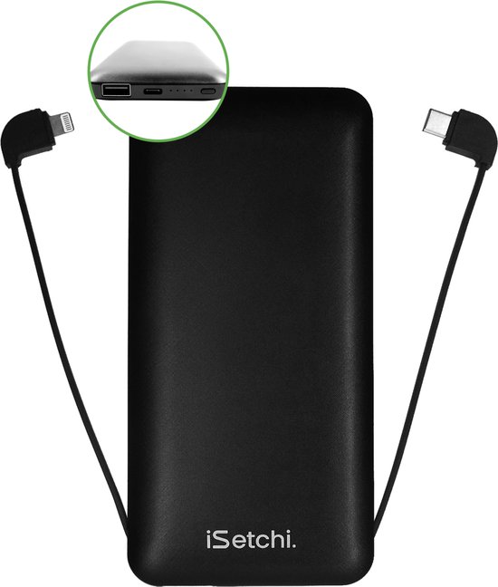 iSetchi 10000 mAh 4-in-1 Powerbank (Snellader) - Klein Broekzak Formaat - Ingebouwde Oplaadkabels - Licht in Gewicht - Telefoon Mobiele Batterij Smartphone Oplader