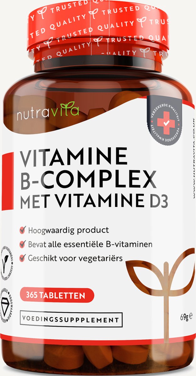 Nutravita - Vitamine B Complex High Potency - 1 volledige jaarvoorraad - 8 vitaminen B1-B2-B3-B5-B6-B12, biotine, foliumzuur & VIT D3 in 1 microtablet van hoge sterkte - Vermindering van vermoeidheid