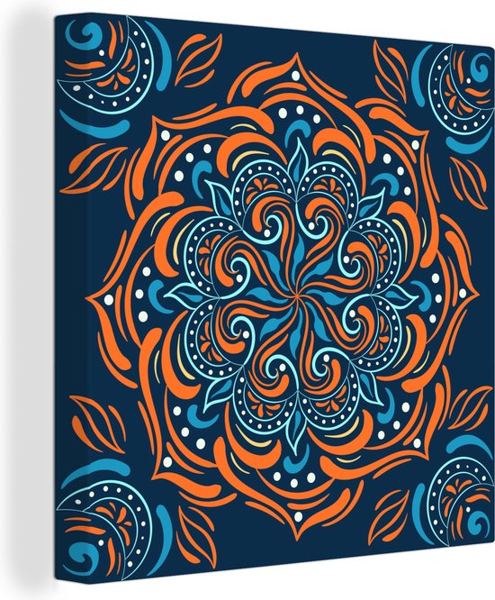 Canvas Schilderij Mandala - Oranje - Blauw - Patronen - 90x90 cm - Wanddecoratie