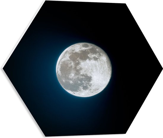 WallClassics - PVC Schuimplaat Hexagon  - Maan in Blauw/Zwarte Lucht - 50x43.5 cm Foto op Hexagon (Met Ophangsysteem)