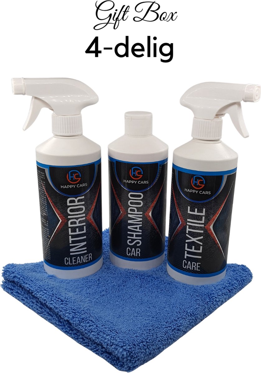 Cadeau Giftbox 4-delig incl. 3 Autoreinigingsproducten en 1 Microvezeldoek | Textile Care | Interior Cleaner | Auto Shampoo | Ultrasoft Microvezeldoek | Happy Cars