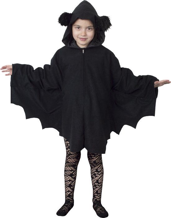 Funny Fashion - Vleermuis Kostuum - Snoezelige Zwarte Cape Kind Kostuum - Zwart - Maat 140 - Halloween - Verkleedkleding