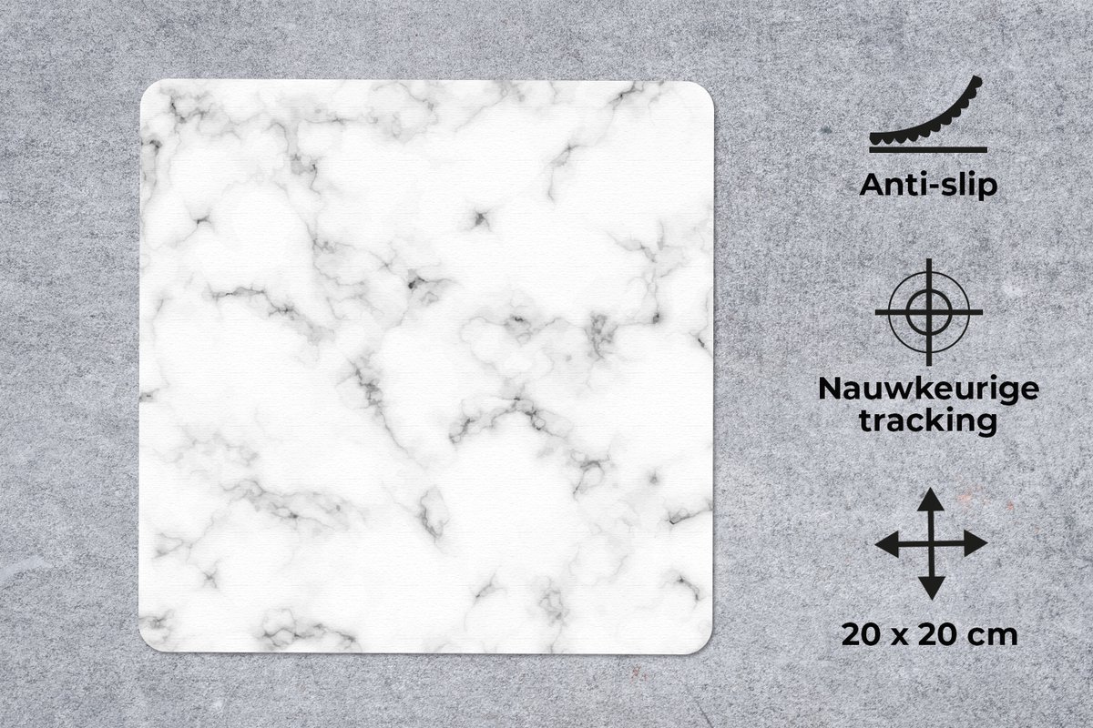 Muismat 20x20 cm - Mousepad Marmer - Textuur - Grijs - Zwart - Muismatten