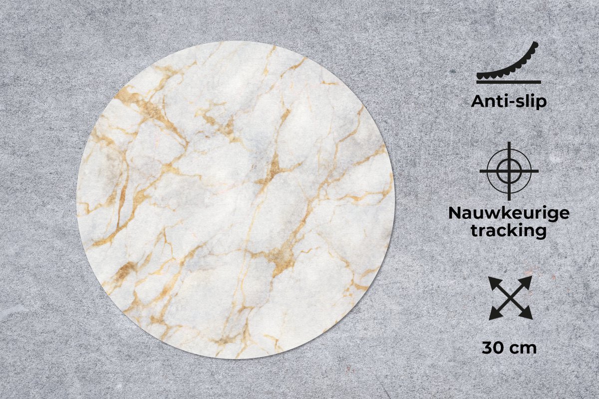 Muismat rond 30x30 cm - Mousepad Marmer - Wit - Goud - Abstract - Ronde muismatten