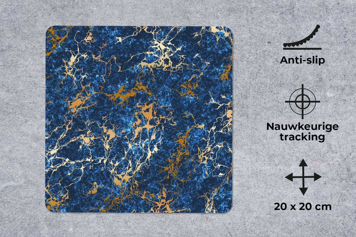 Muismat 20x20 cm - Mousepad Marmer - Textuur - Goud - Blauw - Muismatten
