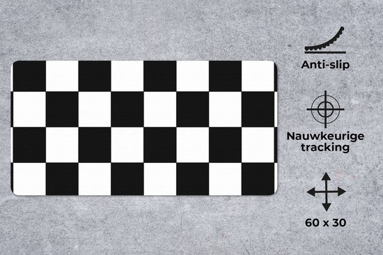 XL muismat met zwart-wit schaakbordpatroon, naast iconen voor anti-slip en nauwkeurige tracking (60 x 30).