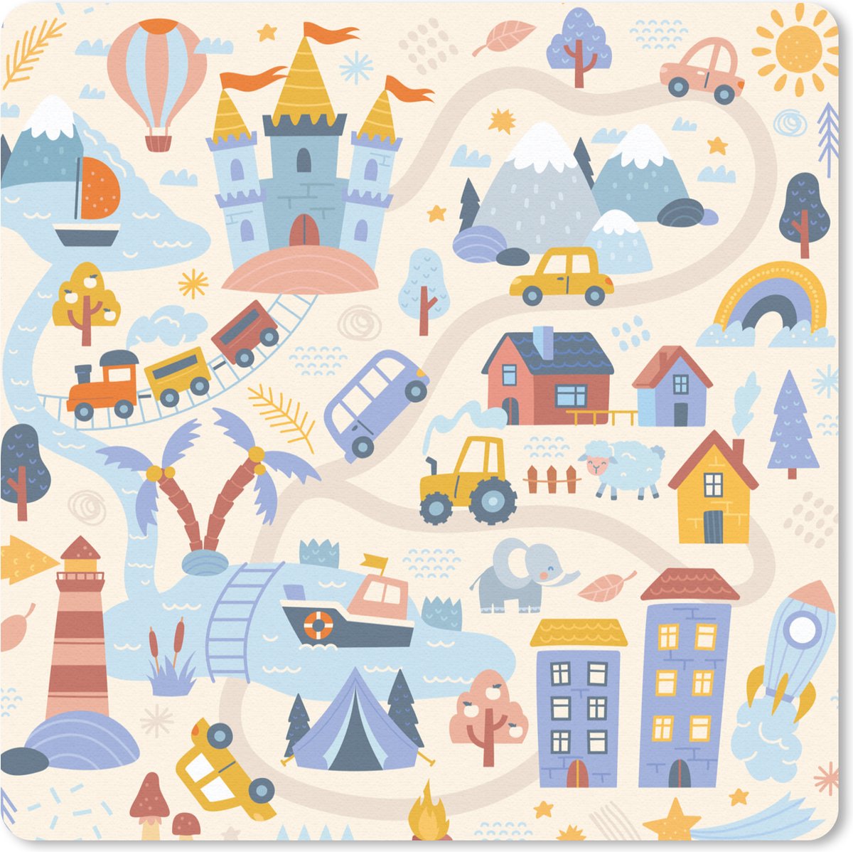 Muismat 30x30 cm - Mousepad Kinderen - Auto - Kasteel - Wegen - Muismatten