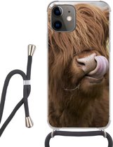 Hoesje met koord Geschikt voor iPhone 12 Mini - Schotse Hooglander - Bruin - Koe - Siliconen - Crossbody - Backcover met Koord - Telefoonhoesje met koord - Hoesje met touw