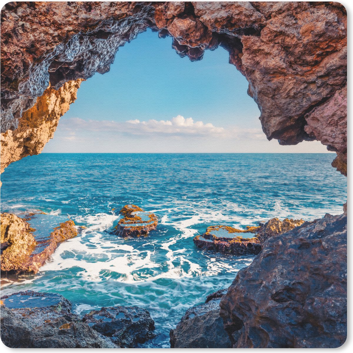 Muismat 30x30 cm - Mousepad Grot - Zee - Rotsen - Natuur - Muismatten