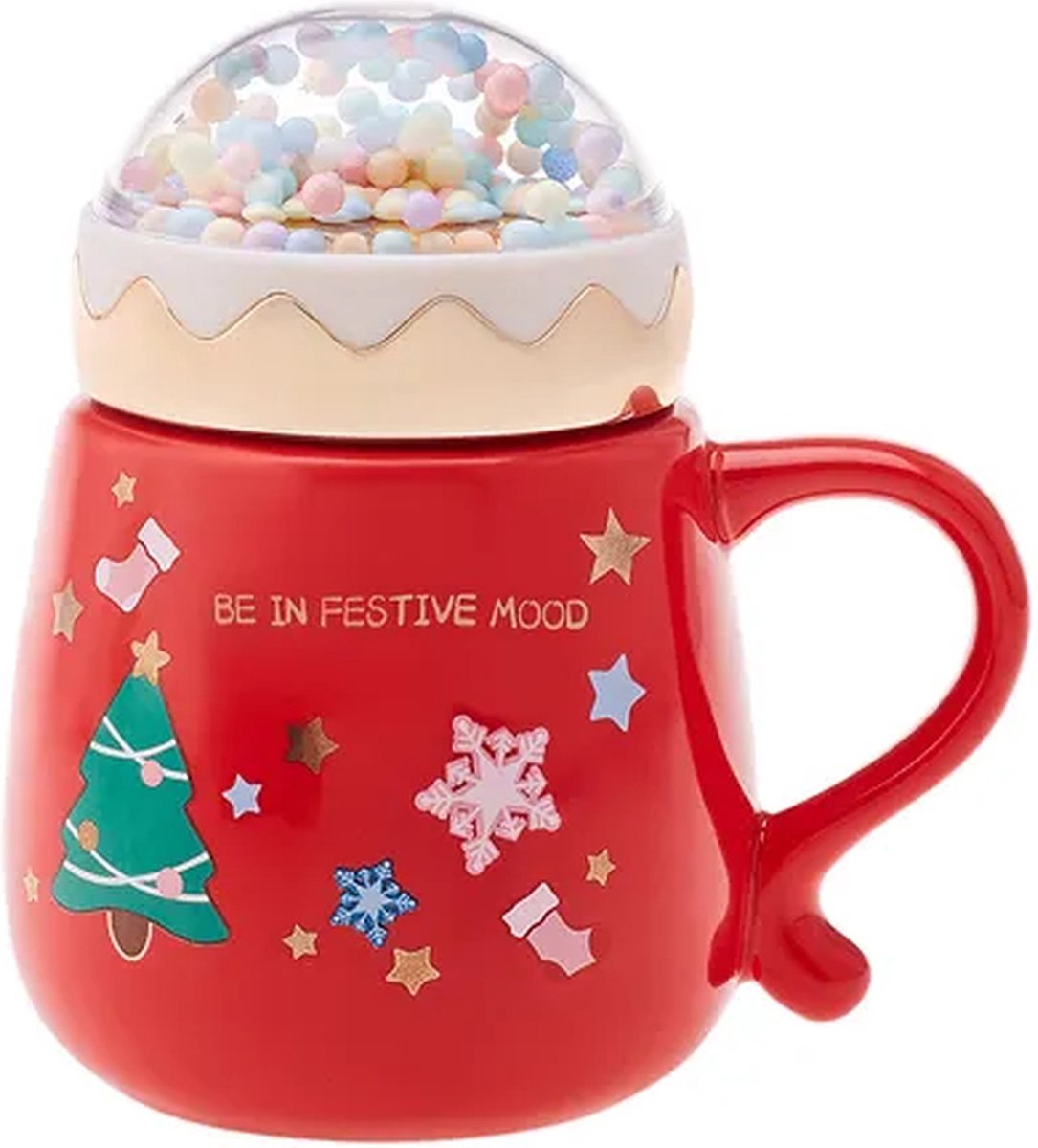 Kerstbeker - Sneeuwbol mok - Kersttafel - New year bubble mok - Rood - kerstmok 430 ml - Porselein beker - kerstcadeau - kerstboom - nieuwjaarscadeau