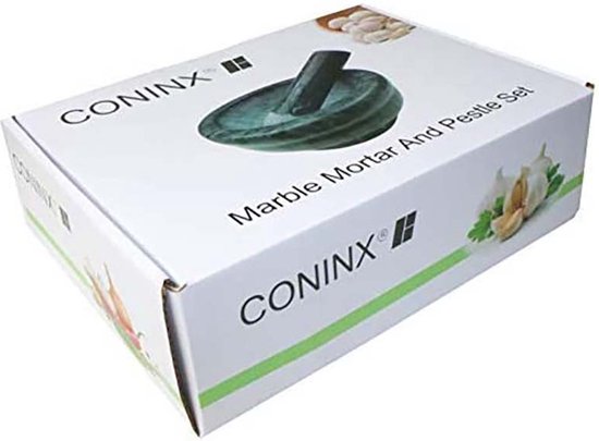 Verpakking van de Coninx Marble Mortar And Pestle Set met afbeeldingen van knoflook en bonen.