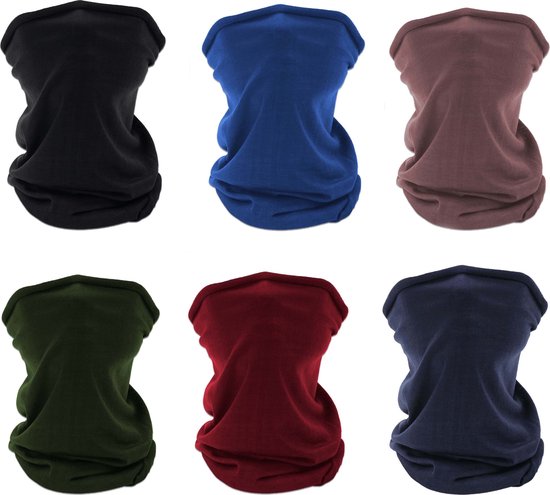 Zes effen gekleurde nekwarmer sjaals in zwart, blauw, bruin, groen, rood en donkerblauw.