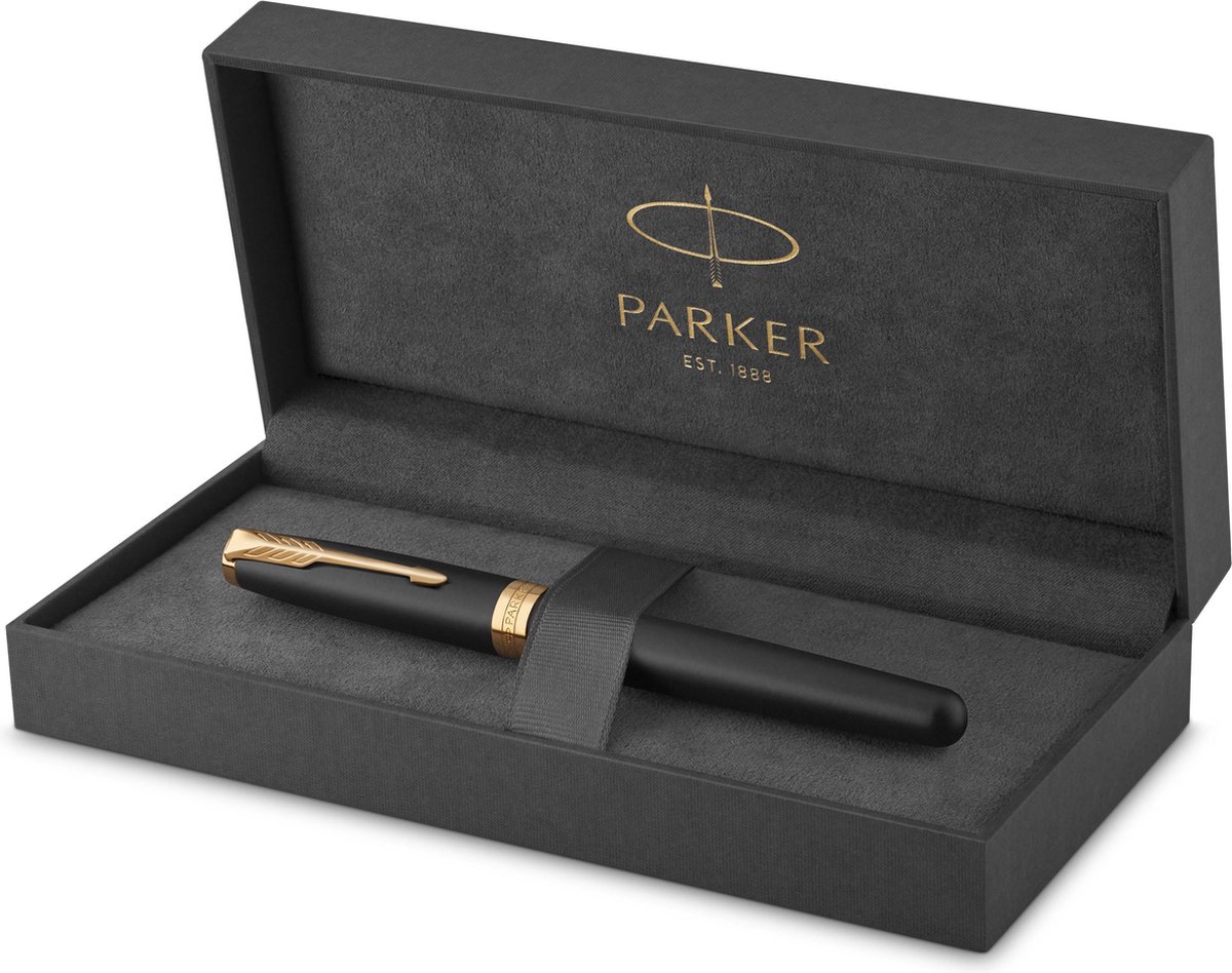 Parker Sonnet vulpen | Matzwarte lak met gouden details | Medium penpunt | Geschenkdoos