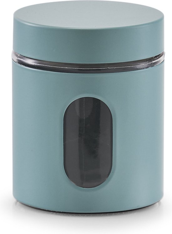Pot de stockage vert avec fenêtre ovale.