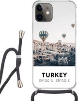 Hoesje met koord Geschikt voor iPhone 12 Mini - Luchtballon - Turkije - Zomer - Grijs - Siliconen - Crossbody - Backcover met Koord - Telefoonhoesje met koord - Hoesje met touw