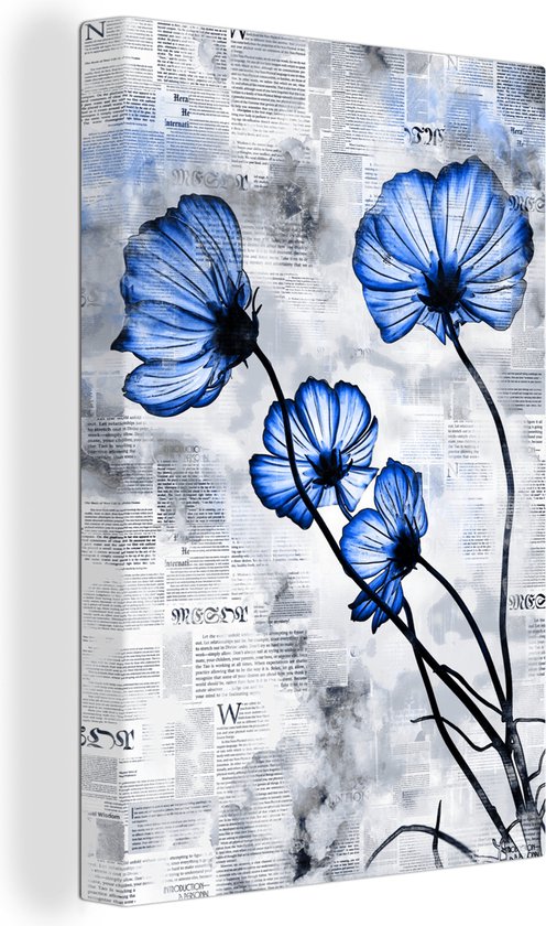 Toile Peinture Fleurs - Journal - Blauw - 80x120 cm - Décoration murale