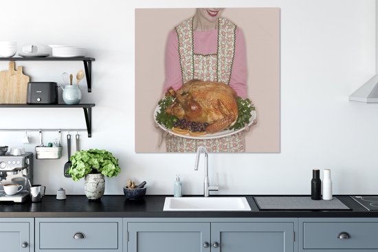 Une femme avec une dinde pour le dîner de Thanksgiving toile 90x90 cm - Tirage photo sur toile (Décoration murale salon / chambre)