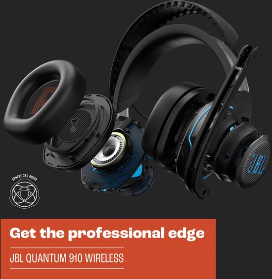Exploded-view van de JBL Quantum 910 Wireless headset met interne componenten.