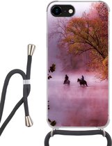 Hoesje met koord Geschikt voor iPhone SE 2020 - Paarden - Mist - Bos - Siliconen - Crossbody - Backcover met Koord - Telefoonhoesje met koord - Hoesje met touw