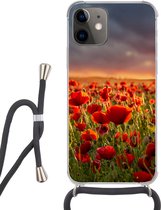 Hoesje met koord Geschikt voor iPhone 12 Mini - Zonsondergang bij een veld vol Klaprozen - Siliconen - Crossbody - Backcover met Koord - Telefoonhoesje met koord - Hoesje met touw