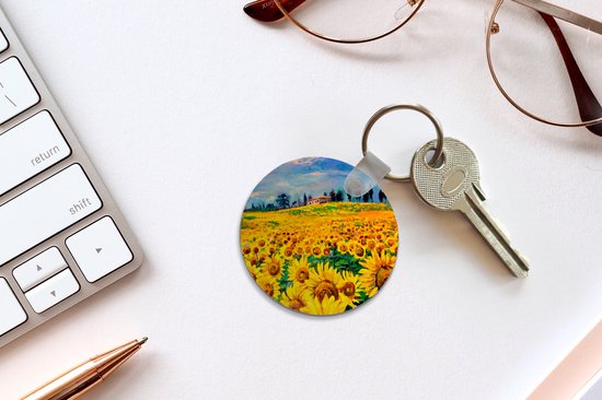 Porte-clés - Peinture à l'huile - Peinture - Fleurs - Tournesol - Plastique - Rond - Cadeaux