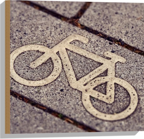 WallClassics - Hout - Logo van Fiets op Stenen - 50x50 cm - 12 mm dik - Foto op Hout (Met Ophangsysteem)