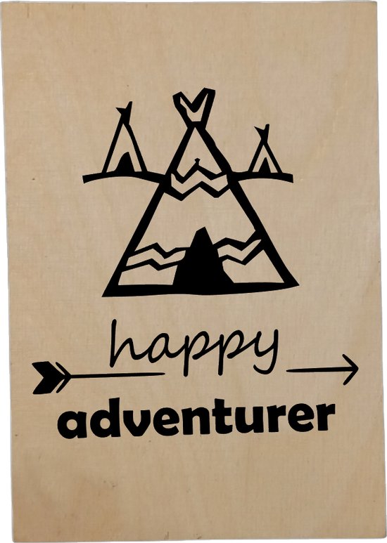Tekstbord Happy Adventurer  - Tegeltje Groot Adventurer - Tekst Op Hout - Plankje Hout Met Tekst
