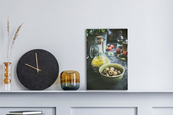 Olives dans un bol et une bouteille en verre à l'huile 20x30 cm - petit - Tirage photo sur toile (Décoration murale salon / chambre)