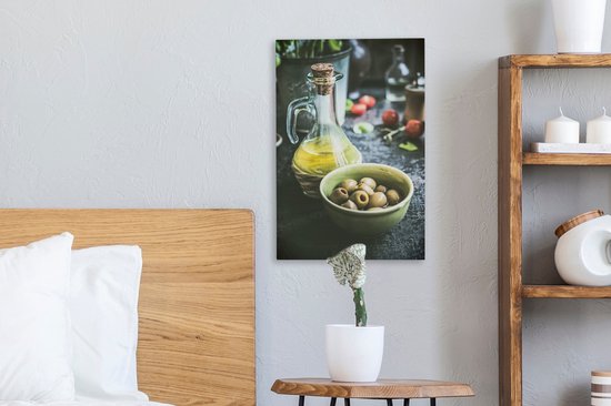 Olives dans un bol et une bouteille en verre à l'huile 20x30 cm - petit - Tirage photo sur toile (Décoration murale salon / chambre)