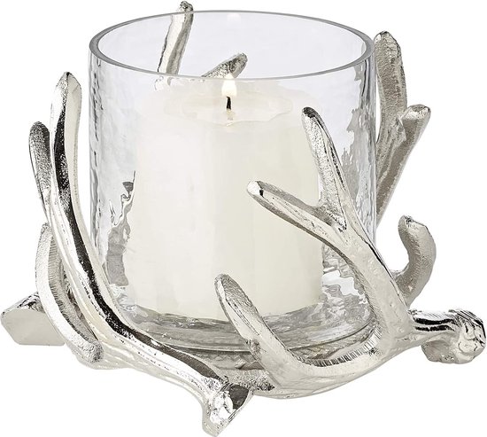EDZARD windlicht Kingston in hertengewei ontwerp, vernikkeld aluminium, met glas, hoogte 13 cm, diameter 15 cm