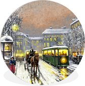 WallCircle - Wandcirkel ⌀ 60 - Schilderij - Olieverf - Winter - Tram - Paard - Ronde schilderijen woonkamer - Wandbord rond - Muurdecoratie cirkel - Kamer decoratie binnen - Wanddecoratie muurcirkel - Woonaccessoires