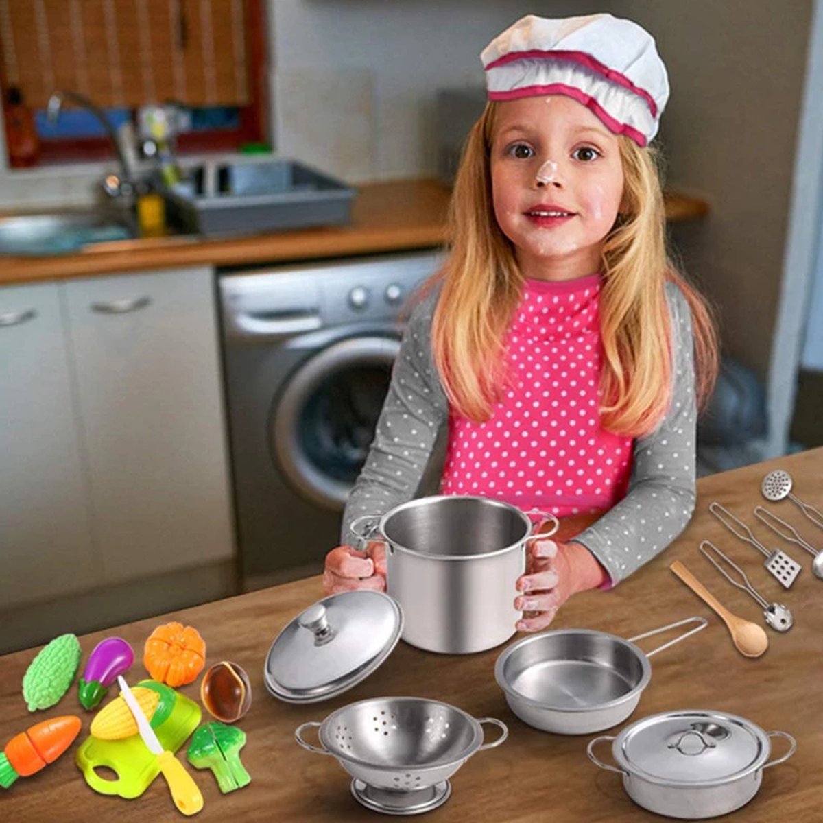 Merklooz kinder keuken speelset roeelspel set 17-delige keukenspeelgoed accessoires kinderkeuken kookgerei pannenset Schort en kookmuts accessoires