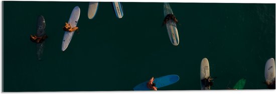 WallClassics - Acrylglas - Bovenaanzicht van Groep Surfers op Oceaan - 90x30 cm Foto op Acrylglas (Wanddecoratie op Acrylaat)