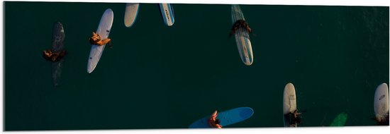 WallClassics - Acrylglas - Bovenaanzicht van Groep Surfers op Oceaan - 120x40 cm Foto op Acrylglas (Wanddecoratie op Acrylaat)