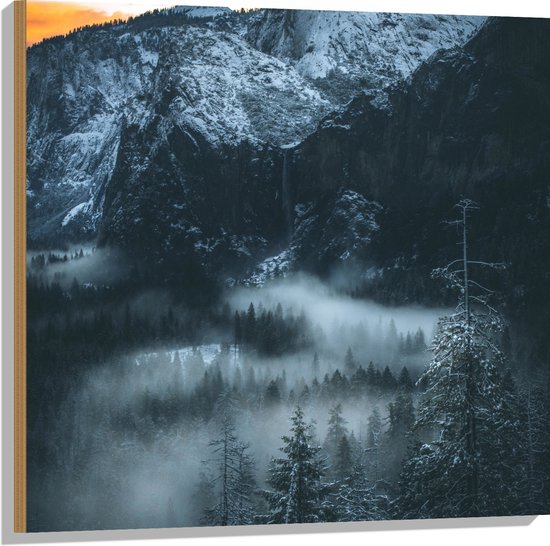 WallClassics - Hout - Hoge Bergen boven de Bomen uit - 80x80 cm - 12 mm dik - Foto op Hout (Met Ophangsysteem)