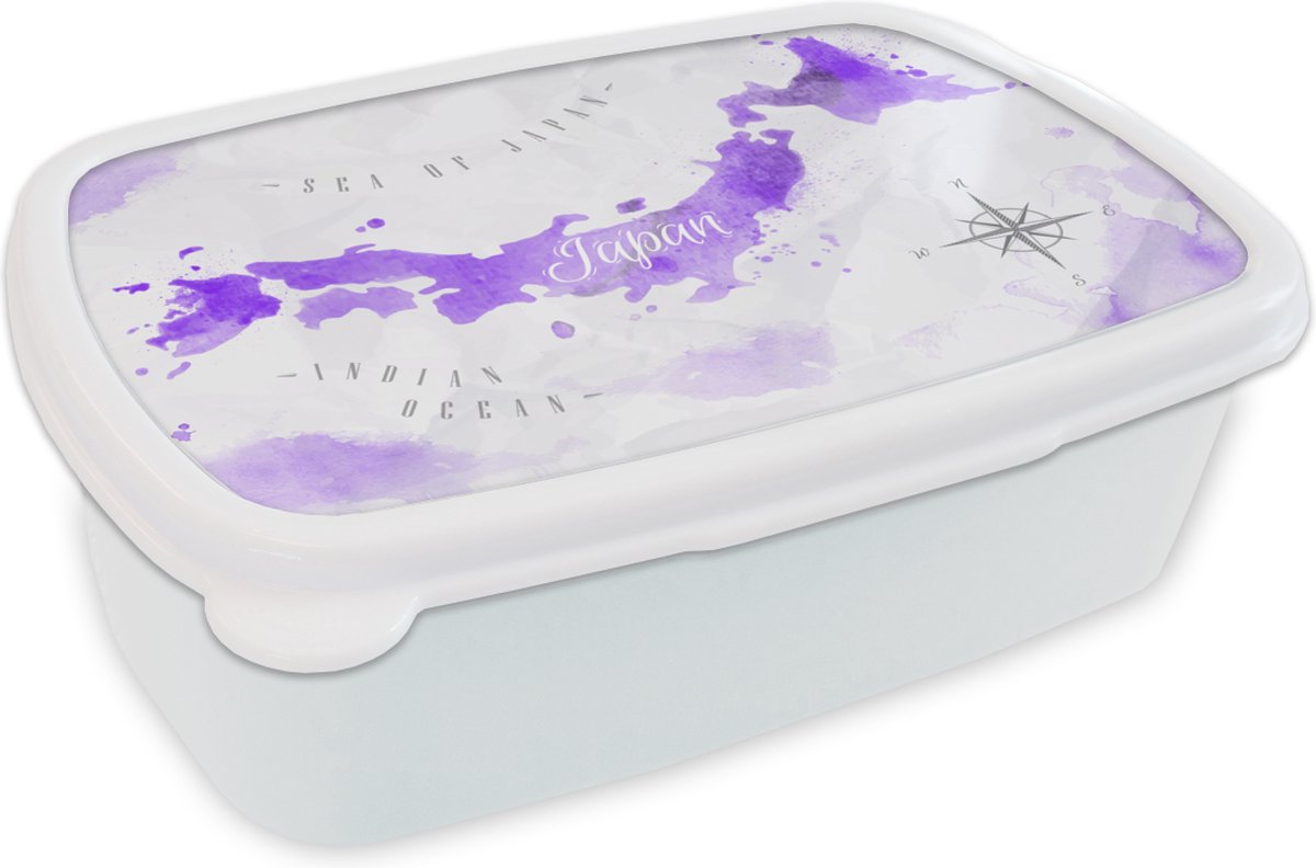 Broodtrommel Wit - Lunchbox - Brooddoos - Wereldkaarten - Japan - Paars - 18x12x6 cm - Volwassenen