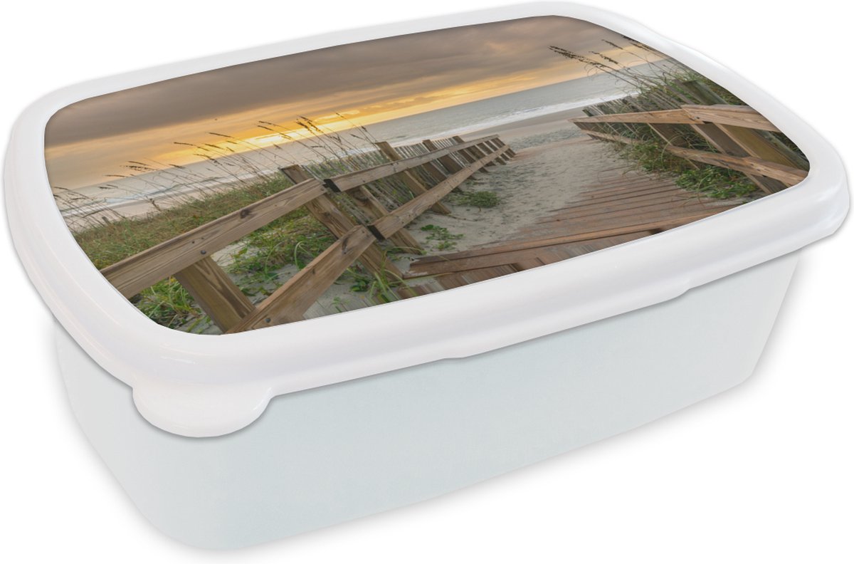 Broodtrommel Wit - Lunchbox - Brooddoos - Strand - Zee - Duin - Pad - 18x12x6 cm - Volwassenen