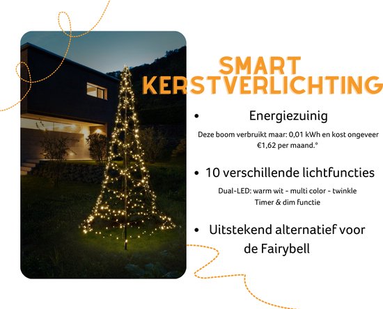 Distri-Cover SMART vlaggenmast kerstboom - 3 meter – 480 Dual LED verlichting: warm wit & multicolour - app-bediening: 10 licht-functies, timer, dimmer - DistriCover